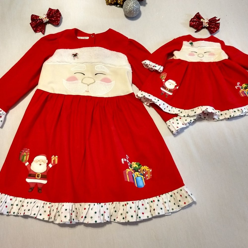 Santa Appliqued My Doll & Me Matching Twirl Dresses & Hairbows